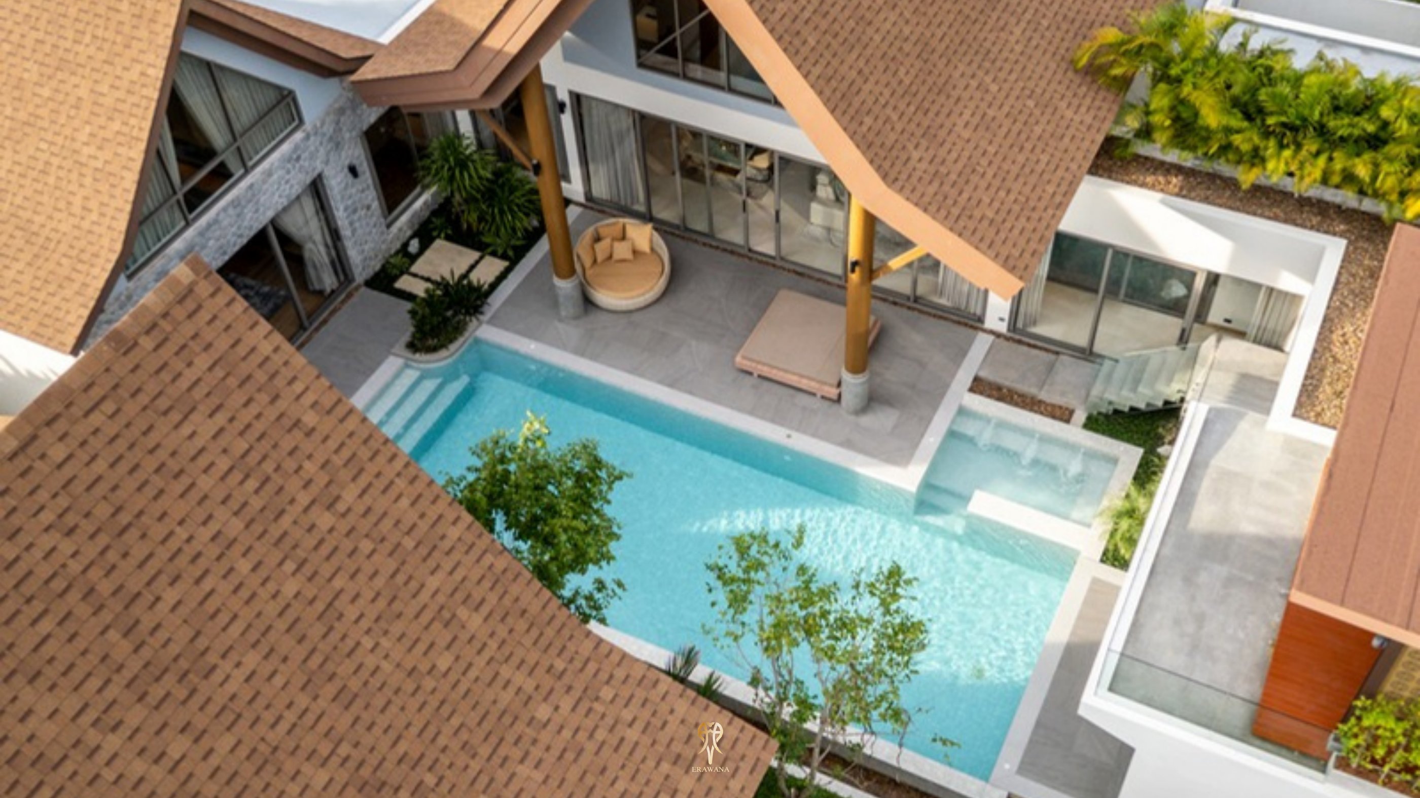 Aerial view of an Erawana Grand private pool villa in Layan, Phuket